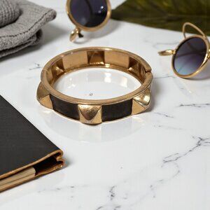 Vintage Gold-Tone & Black Enamel Geometric Bangle Bracelet - Statement Jewelry